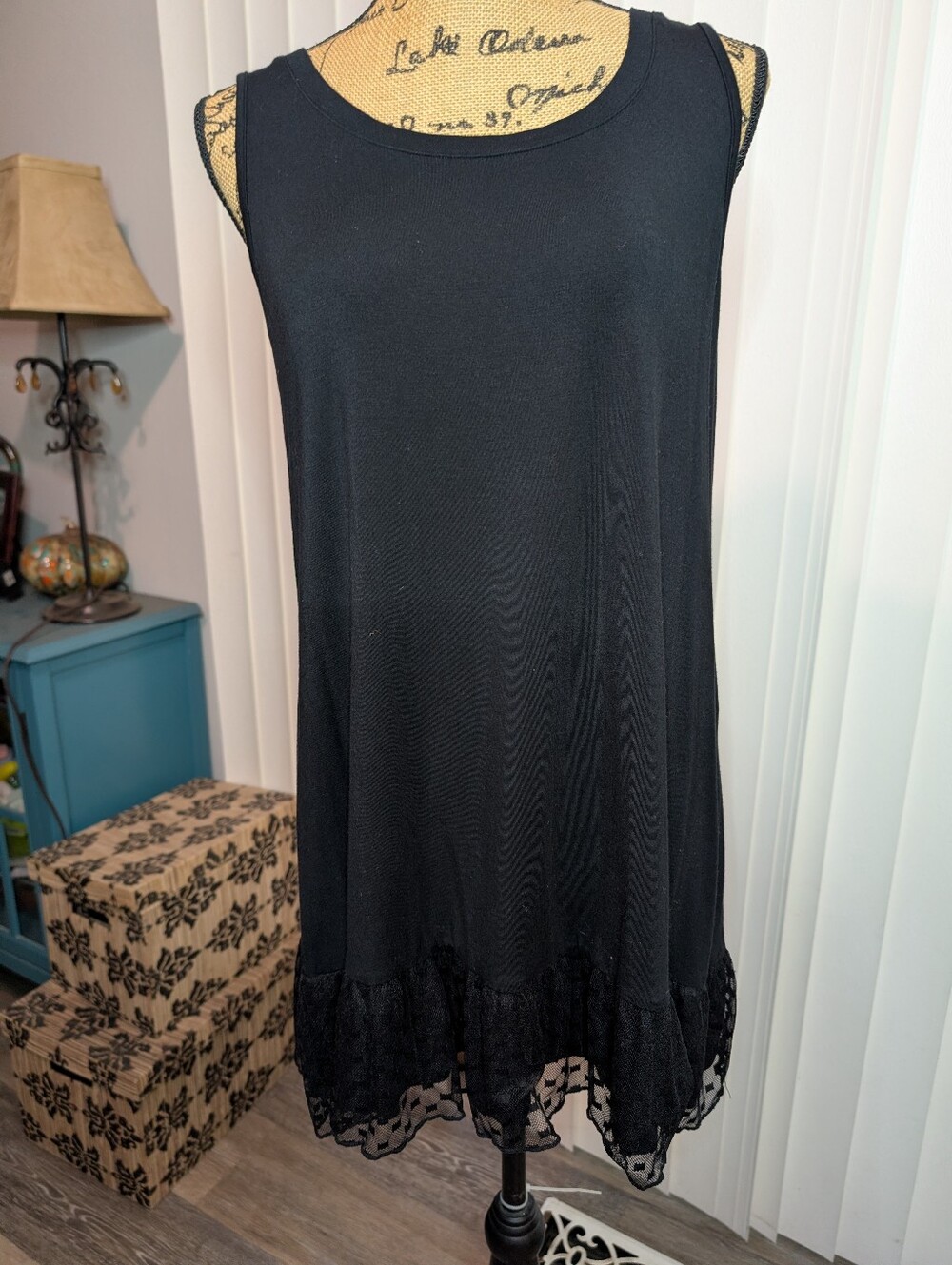 LOGO Layers Black Tunic Tank with Lace Hem